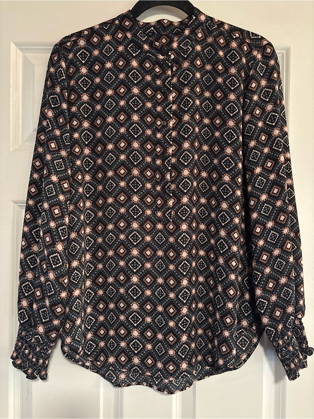 LOFT Black Geometric Print Long-Sleeve Blouse with Pink Accents